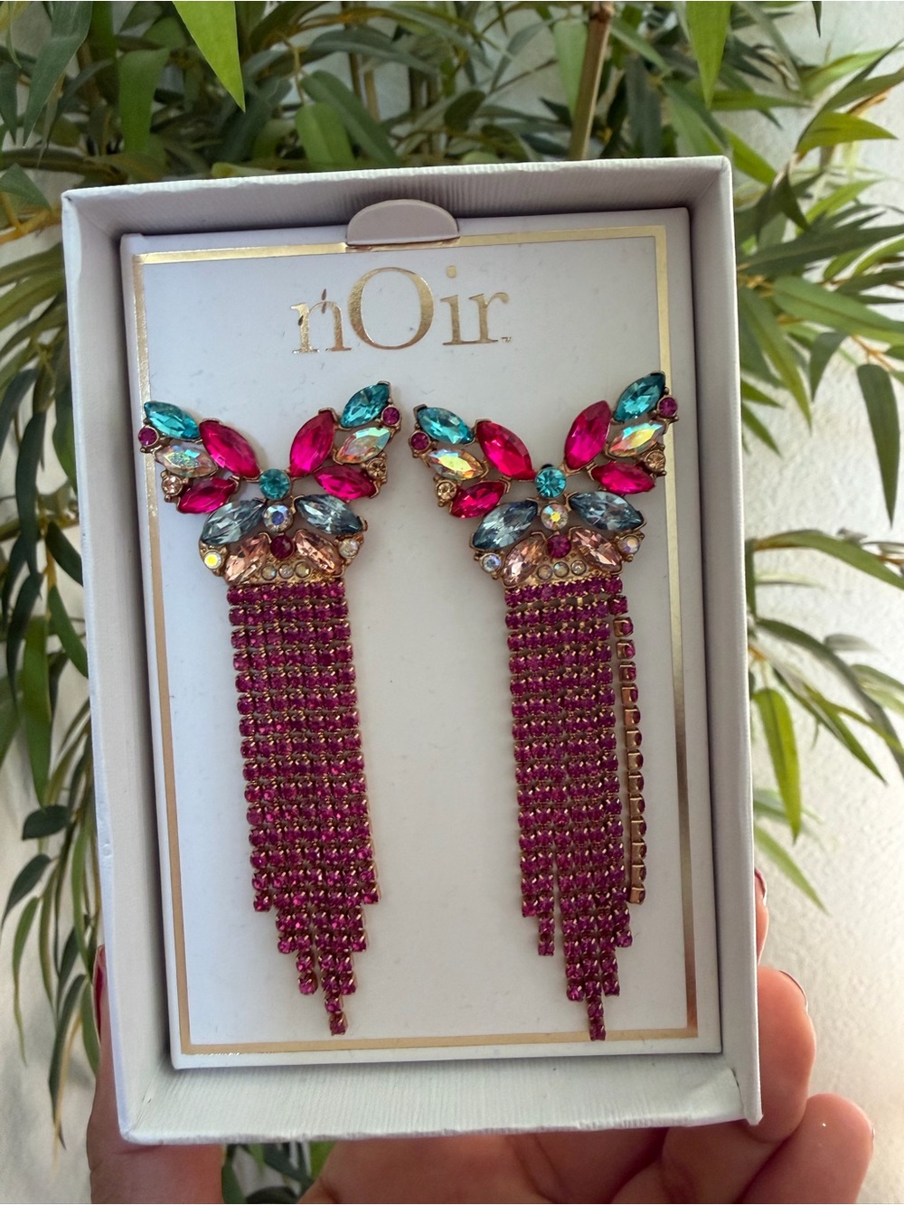 nOir Pink Crystal Butterfly Fringe Statement Earrings NWT